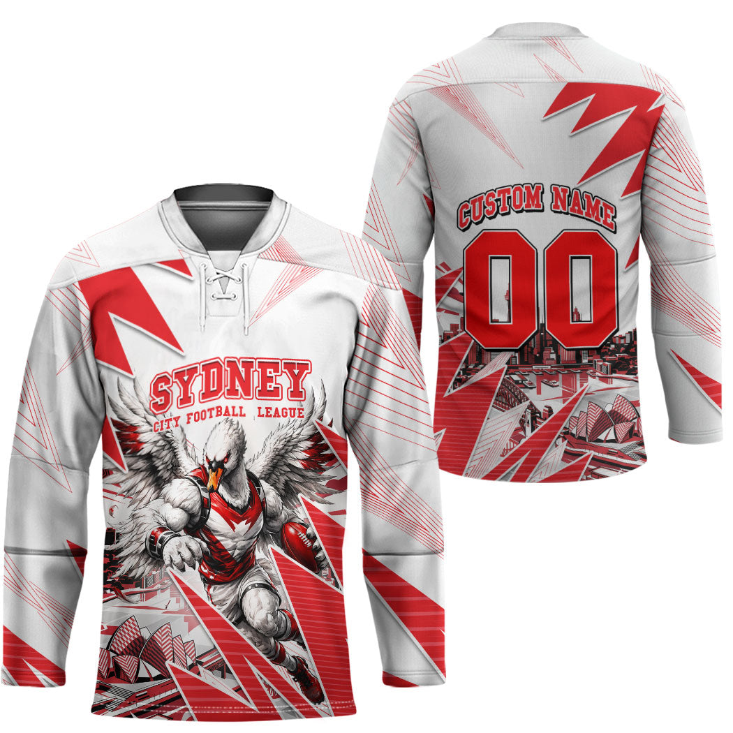 Personalised Sydney Swans Fan Pride Hockey Jersey Fierce Swan Mascot Graphic Art With Sydney City Skyline