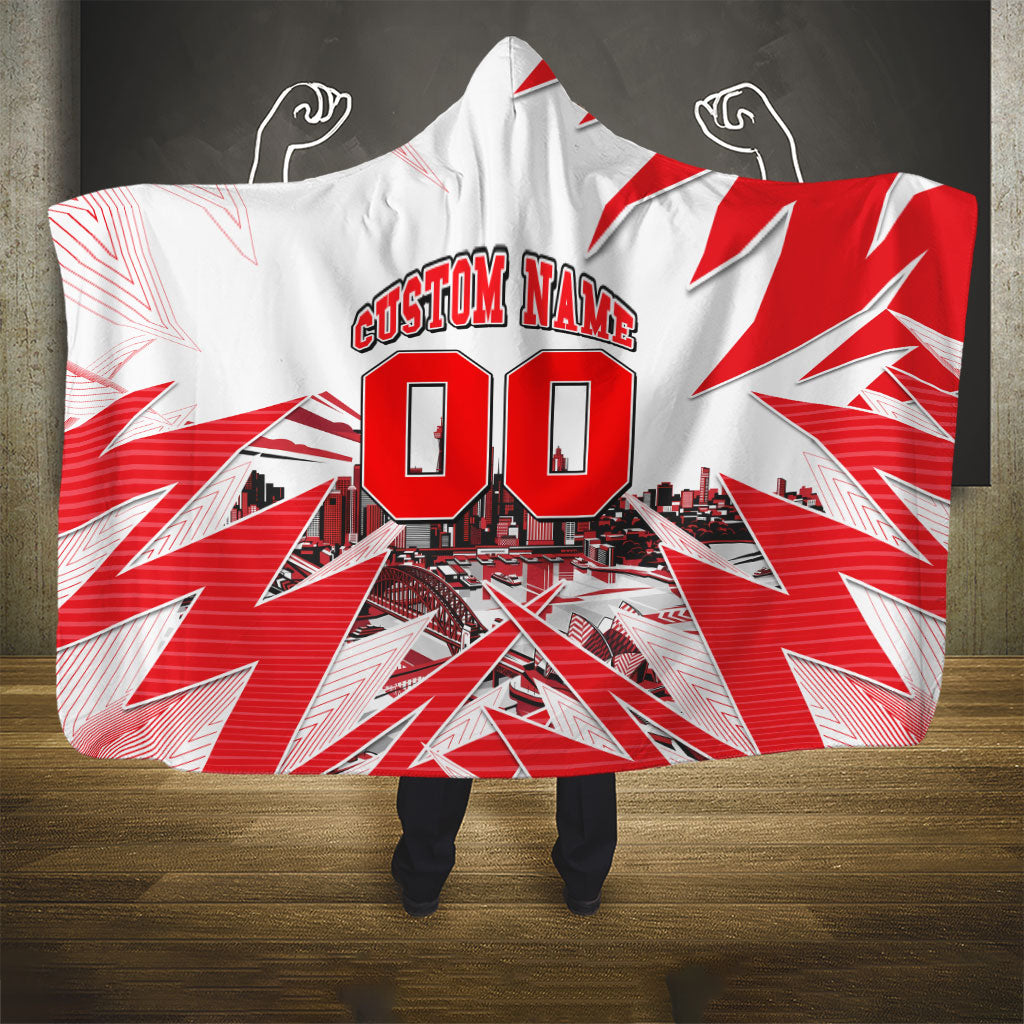 Personalised Sydney Swans Fan Pride Hooded Blanket Fierce Swan Mascot Graphic Art With Sydney City Skyline