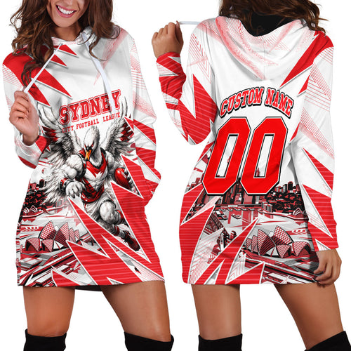 Personalised Sydney Swans Fan Pride Hoodie Dress Fierce Swan Mascot Graphic Art With Sydney City Skyline