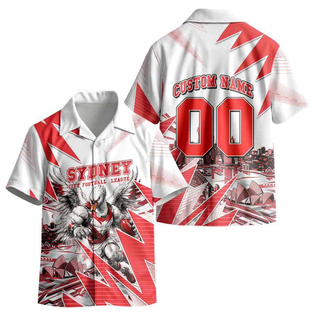 Personalised Sydney Swans Fan Pride Kid Hawaiian Shirt Fierce Swan Mascot Graphic Art With Sydney City Skyline