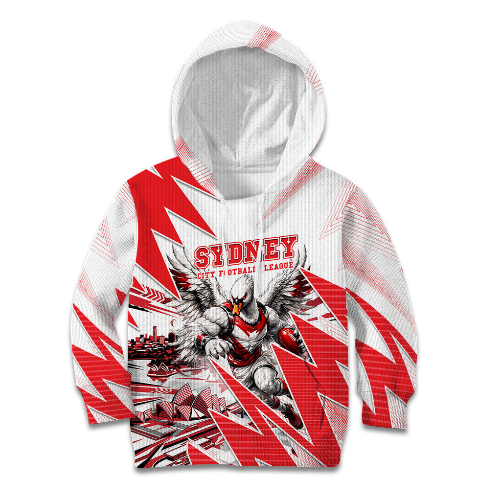 Personalised Sydney Swans Fan Pride Kid Hoodie Fierce Swan Mascot Graphic Art With Sydney City Skyline