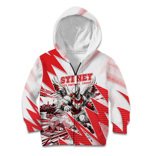 Personalised Sydney Swans Fan Pride Kid Hoodie Fierce Swan Mascot Graphic Art With Sydney City Skyline