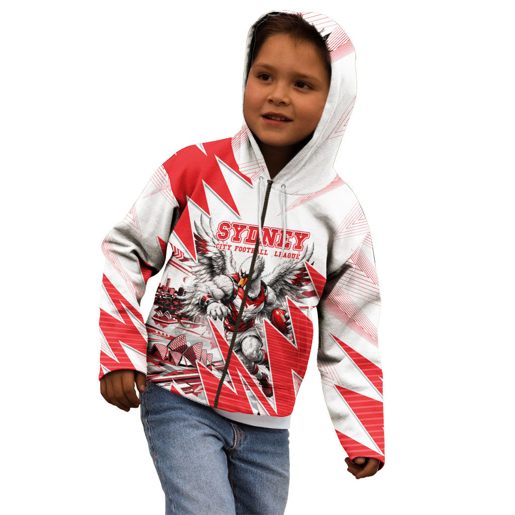 Personalised Sydney Swans Fan Pride Kid Hoodie Fierce Swan Mascot Graphic Art With Sydney City Skyline