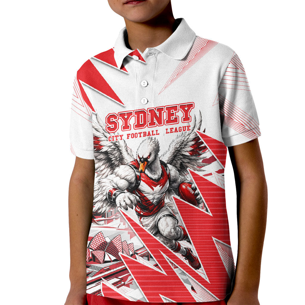 Personalised Sydney Swans Fan Pride Kid Polo Shirt Fierce Swan Mascot Graphic Art With Sydney City Skyline