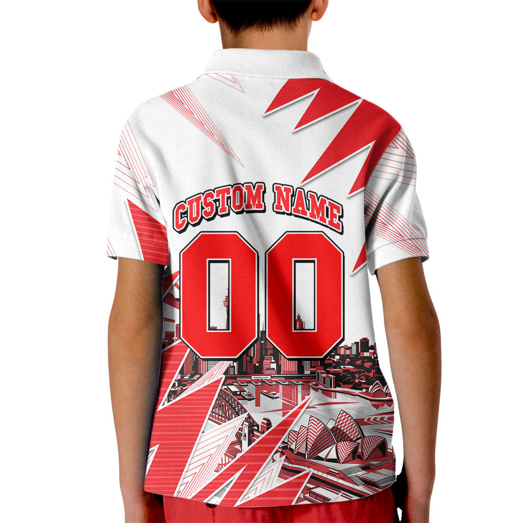 Personalised Sydney Swans Fan Pride Kid Polo Shirt Fierce Swan Mascot Graphic Art With Sydney City Skyline
