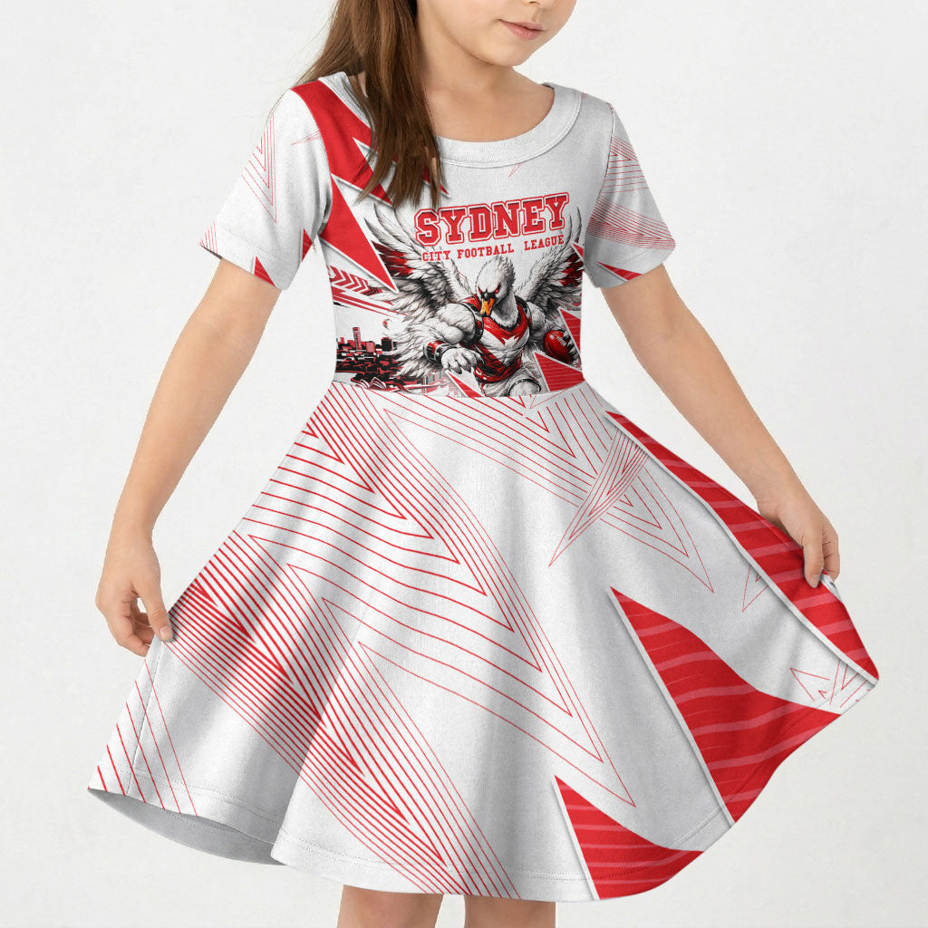 Personalised Sydney Swans Fan Pride Kid Short Sleeve Dress Fierce Swan Mascot Graphic Art With Sydney City Skyline