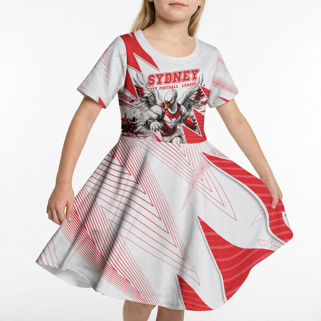 Personalised Sydney Swans Fan Pride Kid Short Sleeve Dress Fierce Swan Mascot Graphic Art With Sydney City Skyline