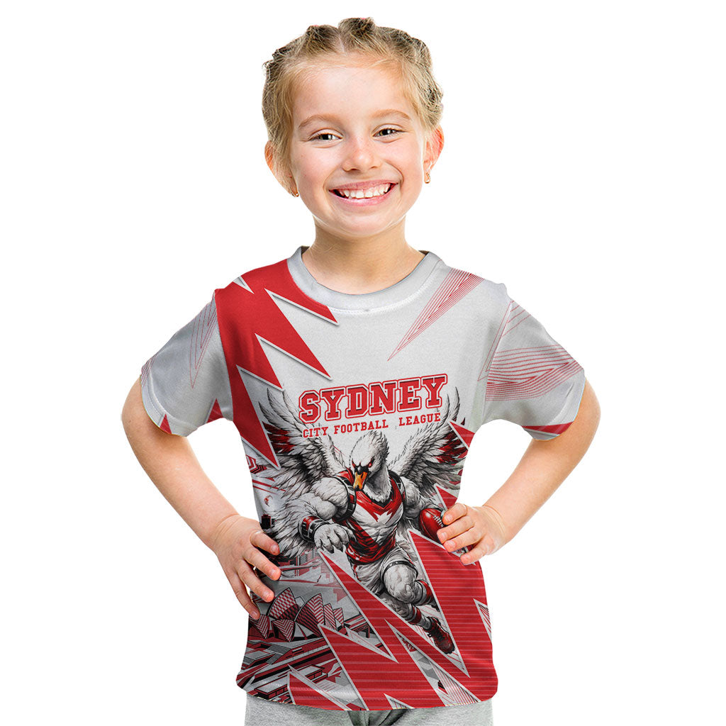 Personalised Sydney Swans Fan Pride Kid T Shirt Fierce Swan Mascot Graphic Art With Sydney City Skyline