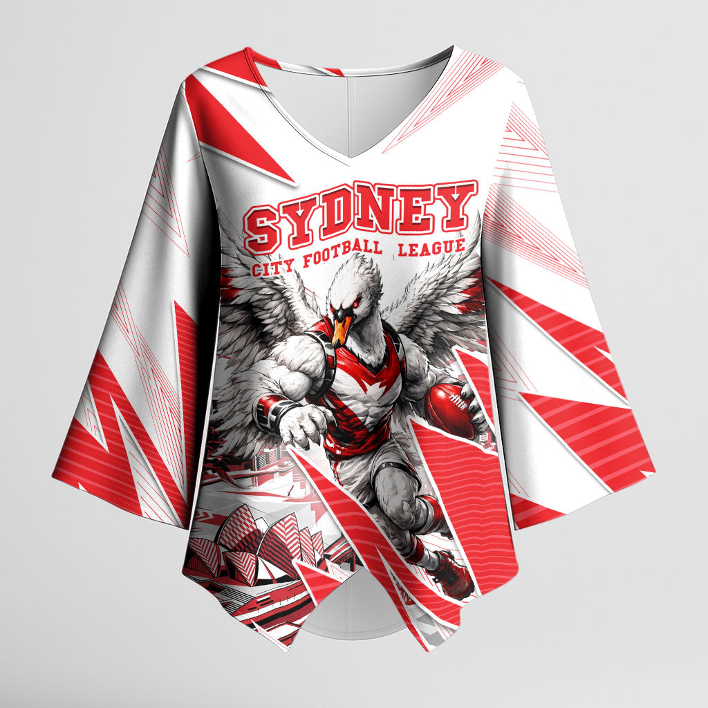 Personalised Sydney Swans Fan Pride Kimono Sleeve Blouse Fierce Swan Mascot Graphic Art With Sydney City Skyline