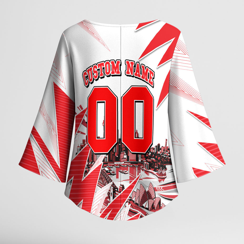Personalised Sydney Swans Fan Pride Kimono Sleeve Blouse Fierce Swan Mascot Graphic Art With Sydney City Skyline