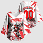 Personalised Sydney Swans Fan Pride Kimono Sleeve Blouse Fierce Swan Mascot Graphic Art With Sydney City Skyline