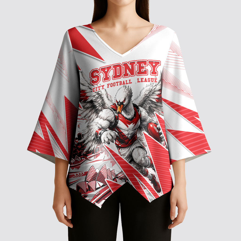 Personalised Sydney Swans Fan Pride Kimono Sleeve Blouse Fierce Swan Mascot Graphic Art With Sydney City Skyline