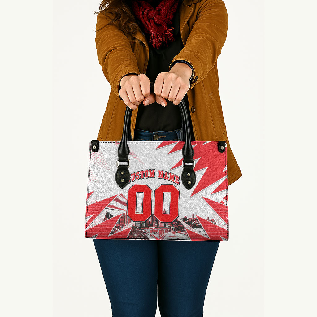 Personalised Sydney Swans Fan Pride Leather Bag Fierce Swan Mascot Graphic Art With Sydney City Skyline