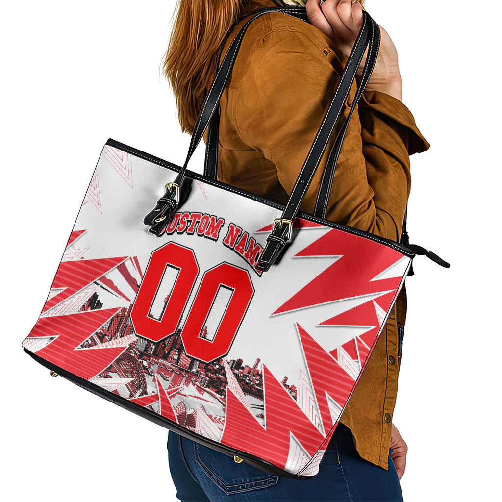 Personalised Sydney Swans Fan Pride Leather Tote Bag Fierce Swan Mascot Graphic Art With Sydney City Skyline