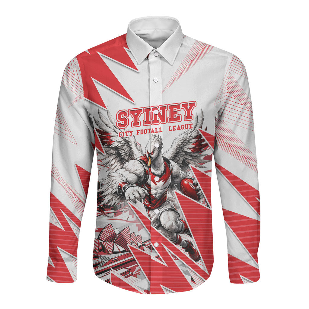 Personalised Sydney Swans Fan Pride Long Sleeve Button Shirt Fierce Swan Mascot Graphic Art With Sydney City Skyline