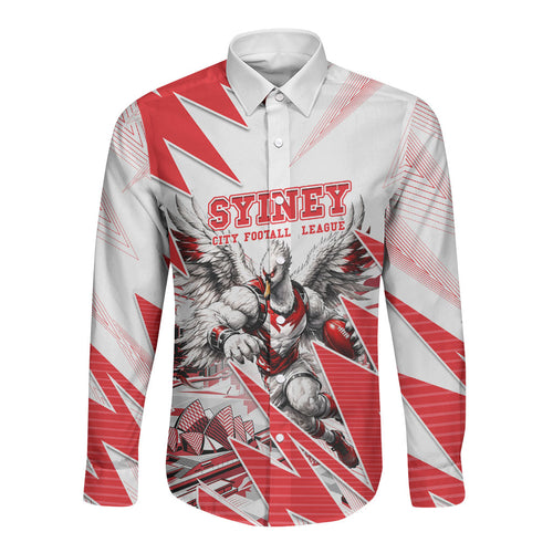 Personalised Sydney Swans Fan Pride Long Sleeve Button Shirt Fierce Swan Mascot Graphic Art With Sydney City Skyline