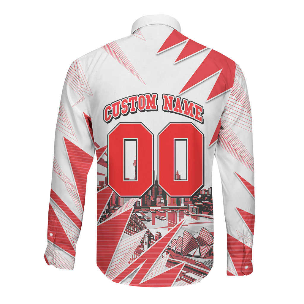 Personalised Sydney Swans Fan Pride Long Sleeve Button Shirt Fierce Swan Mascot Graphic Art With Sydney City Skyline