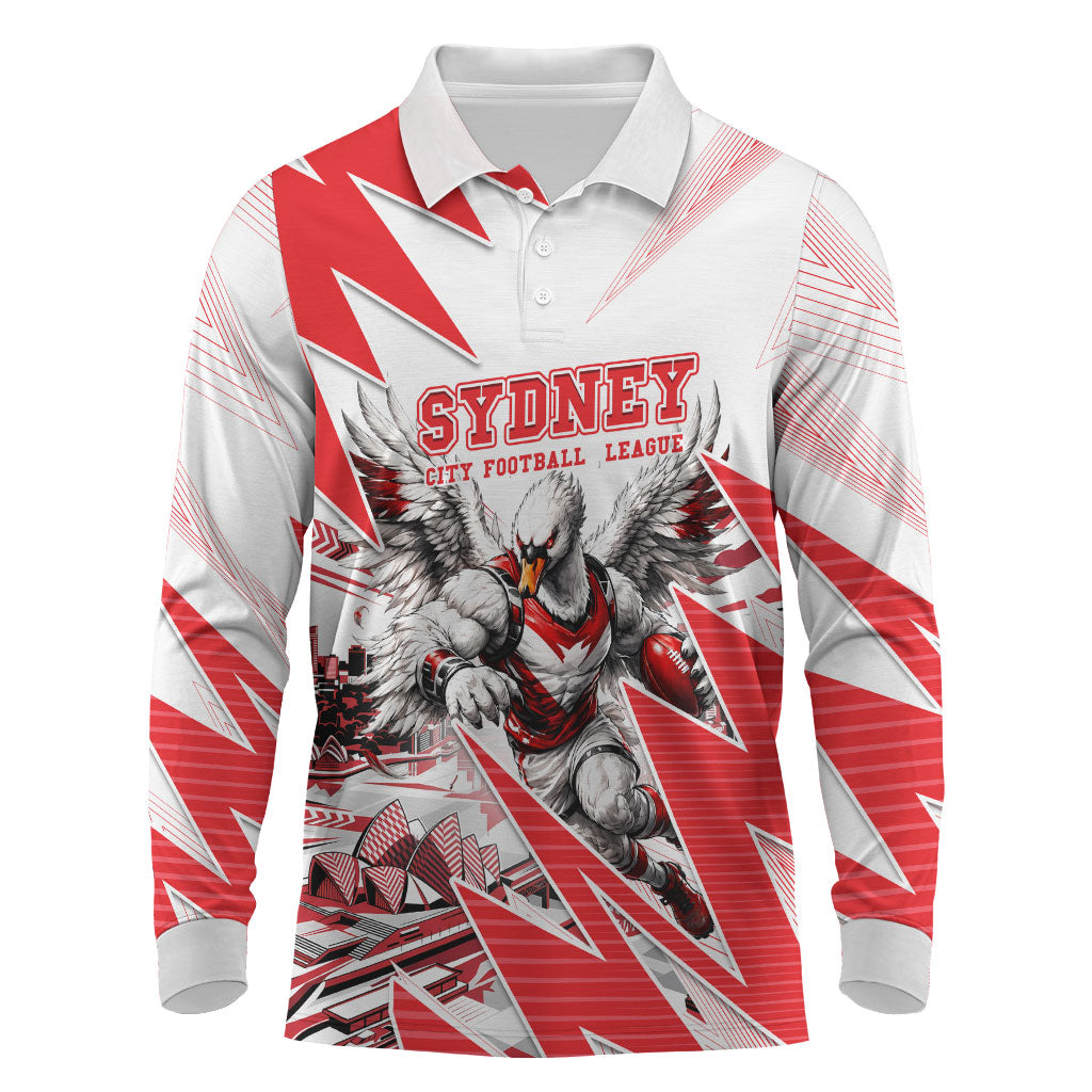 Personalised Sydney Swans Fan Pride Long Sleeve Polo Shirt Fierce Swan Mascot Graphic Art With Sydney City Skyline