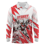 Personalised Sydney Swans Fan Pride Long Sleeve Polo Shirt Fierce Swan Mascot Graphic Art With Sydney City Skyline