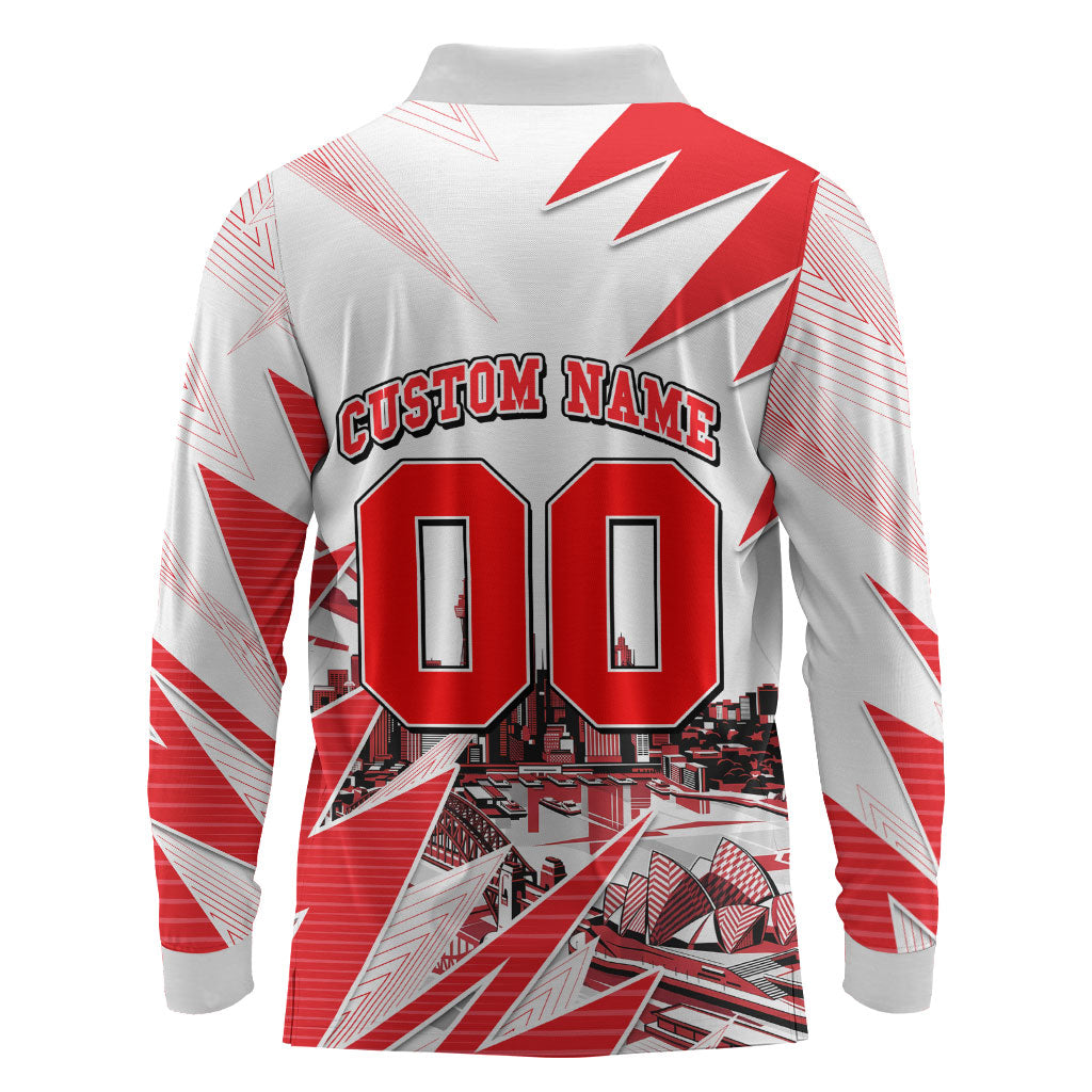 Personalised Sydney Swans Fan Pride Long Sleeve Polo Shirt Fierce Swan Mascot Graphic Art With Sydney City Skyline