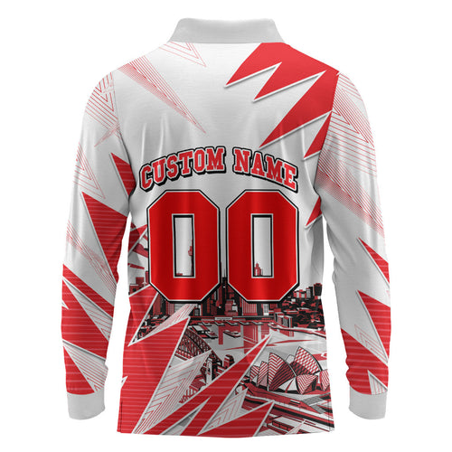 Personalised Sydney Swans Fan Pride Long Sleeve Polo Shirt Fierce Swan Mascot Graphic Art With Sydney City Skyline