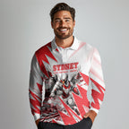 Personalised Sydney Swans Fan Pride Long Sleeve Polo Shirt Fierce Swan Mascot Graphic Art With Sydney City Skyline