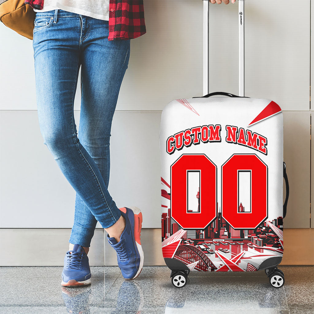 Personalised Sydney Swans Fan Pride Luggage Cover Fierce Swan Mascot Graphic Art With Sydney City Skyline