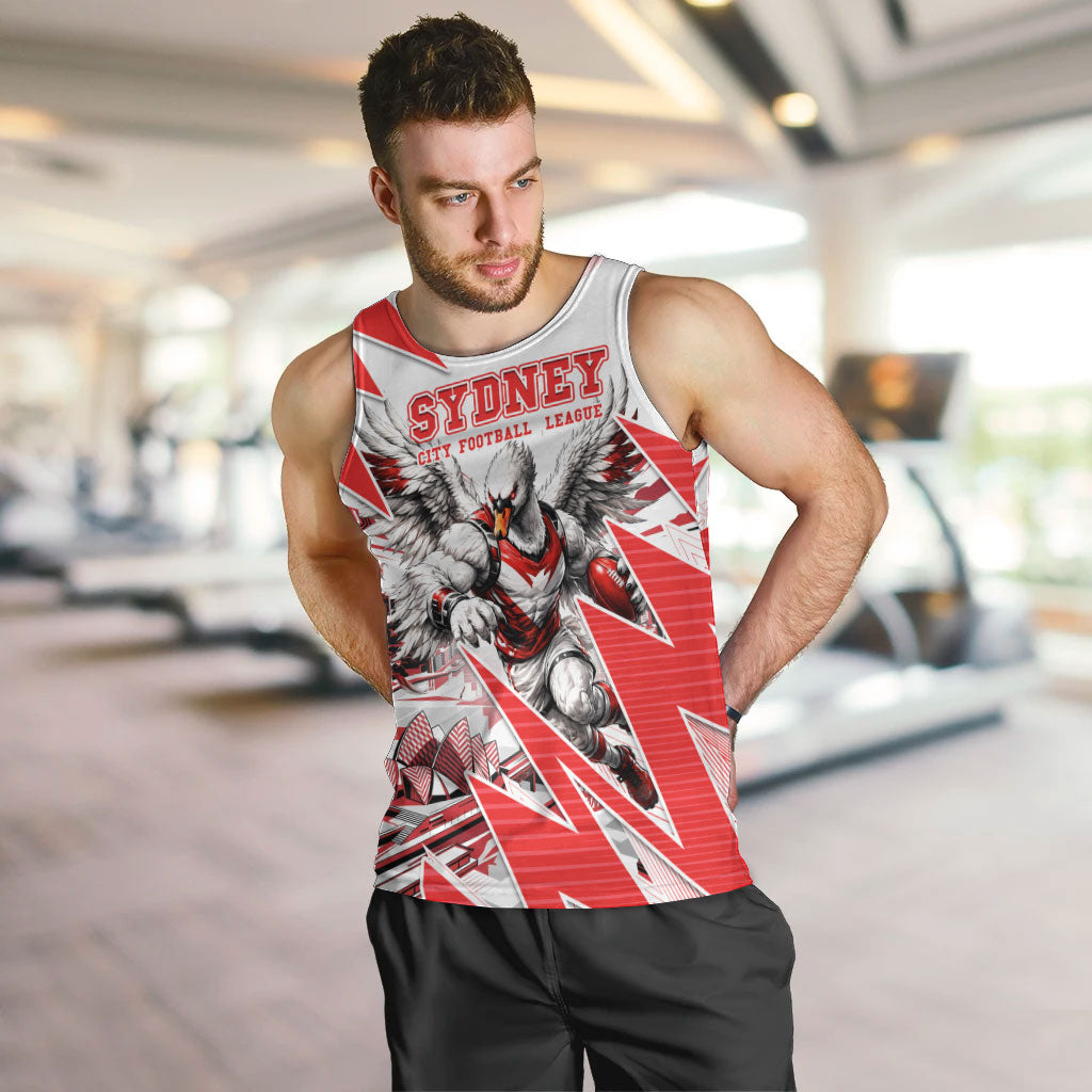 Personalised Sydney Swans Fan Pride Men Tank Top Fierce Swan Mascot Graphic Art With Sydney City Skyline