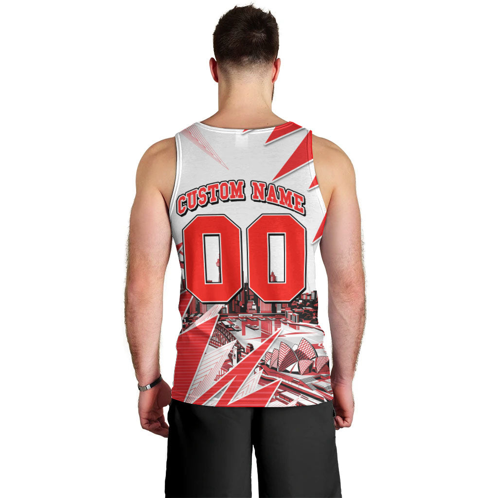 Personalised Sydney Swans Fan Pride Men Tank Top Fierce Swan Mascot Graphic Art With Sydney City Skyline