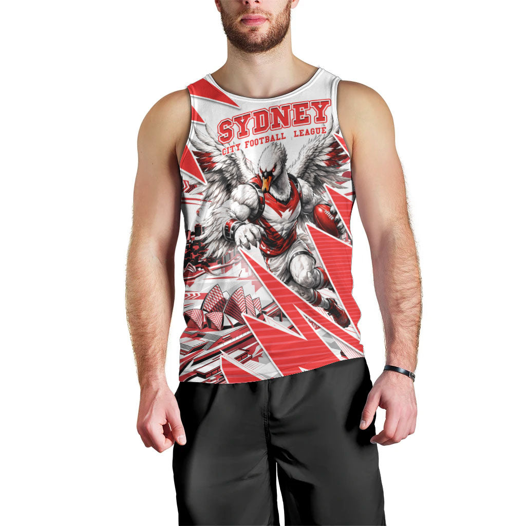 Personalised Sydney Swans Fan Pride Men Tank Top Fierce Swan Mascot Graphic Art With Sydney City Skyline