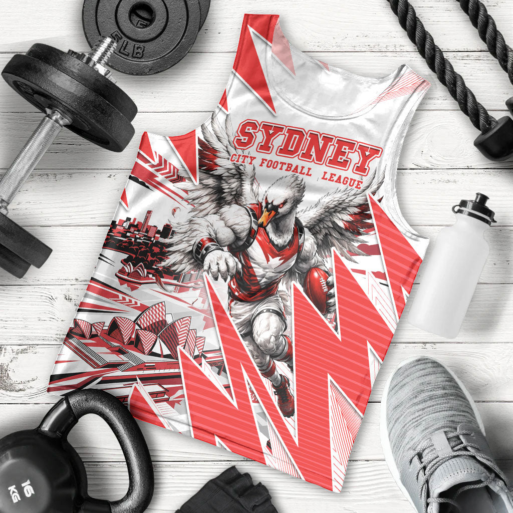 Personalised Sydney Swans Fan Pride Men Tank Top Fierce Swan Mascot Graphic Art With Sydney City Skyline
