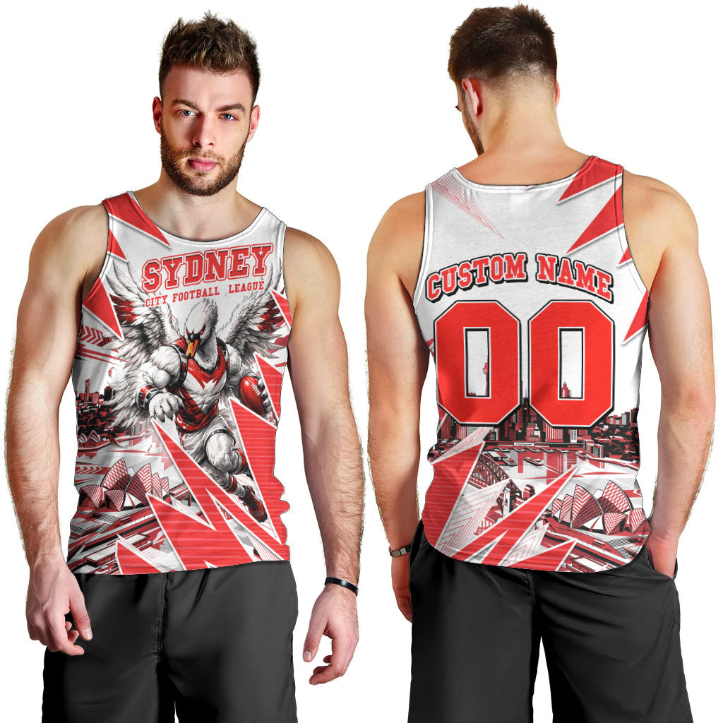 Personalised Sydney Swans Fan Pride Men Tank Top Fierce Swan Mascot Graphic Art With Sydney City Skyline