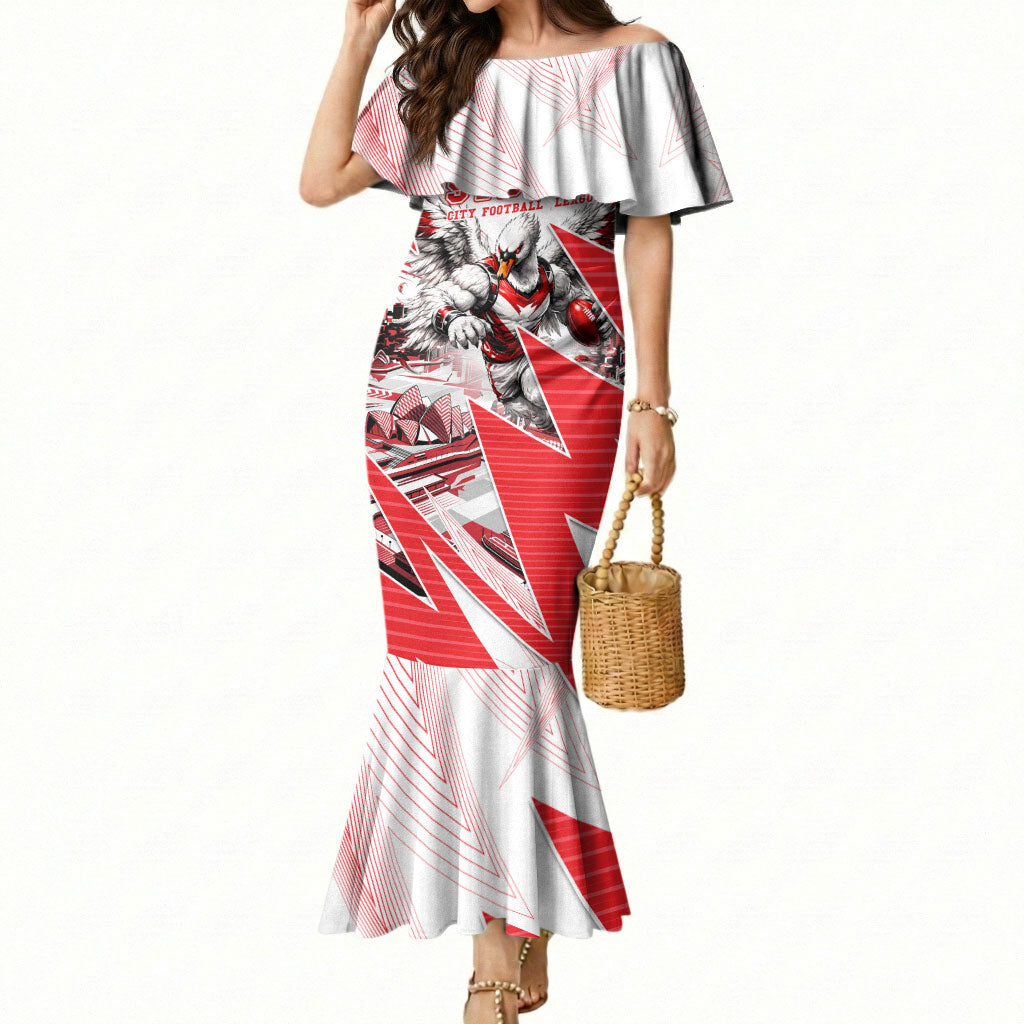 Personalised Sydney Swans Fan Pride Mermaid Dress Fierce Swan Mascot Graphic Art With Sydney City Skyline