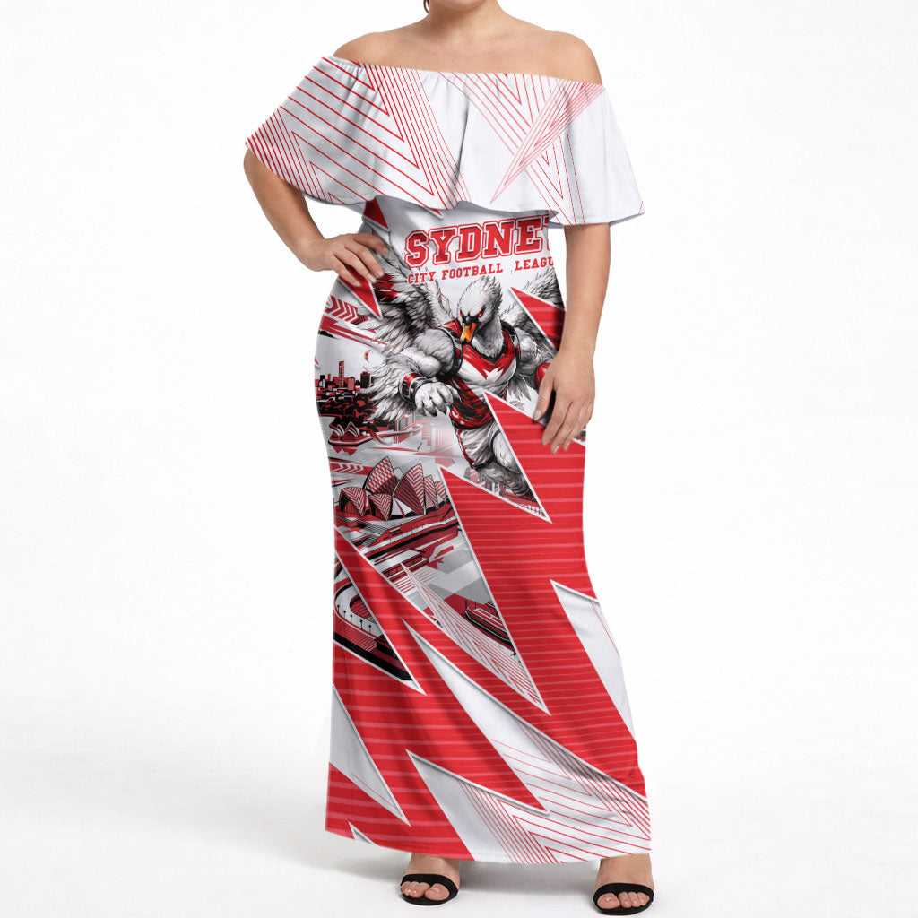 Personalised Sydney Swans Fan Pride Off Shoulder Maxi Dress Fierce Swan Mascot Graphic Art With Sydney City Skyline