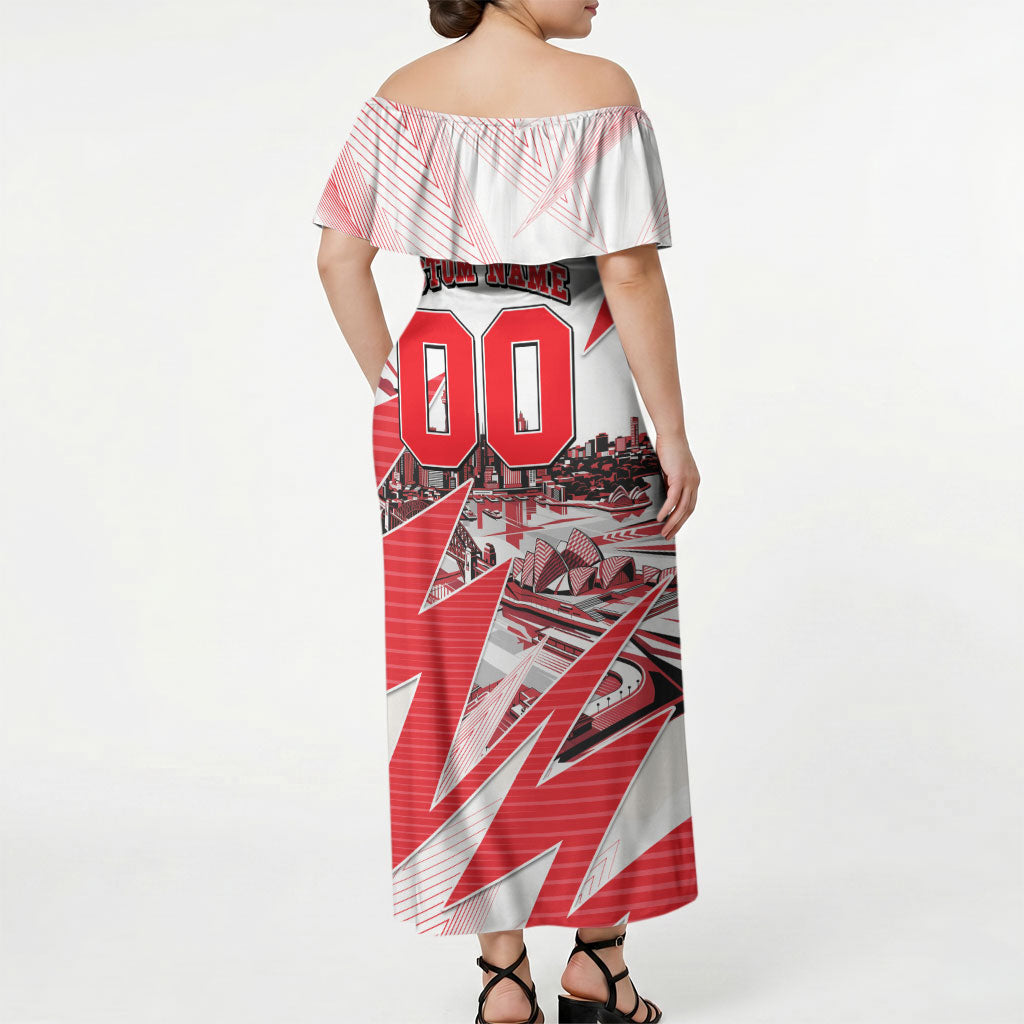 Personalised Sydney Swans Fan Pride Off Shoulder Maxi Dress Fierce Swan Mascot Graphic Art With Sydney City Skyline