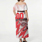 Personalised Sydney Swans Fan Pride Off Shoulder Maxi Dress Fierce Swan Mascot Graphic Art With Sydney City Skyline