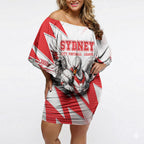 Personalised Sydney Swans Fan Pride Off Shoulder Short Dress Fierce Swan Mascot Graphic Art With Sydney City Skyline
