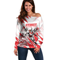 Personalised Sydney Swans Fan Pride Off Shoulder Sweater Fierce Swan Mascot Graphic Art With Sydney City Skyline