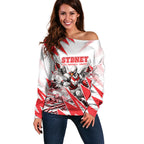 Personalised Sydney Swans Fan Pride Off Shoulder Sweater Fierce Swan Mascot Graphic Art With Sydney City Skyline