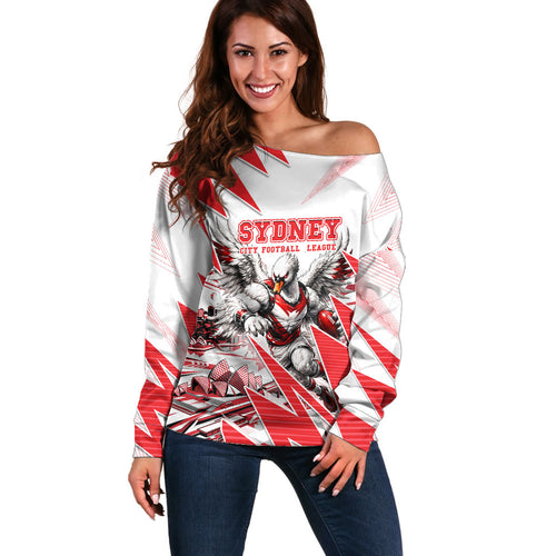 Personalised Sydney Swans Fan Pride Off Shoulder Sweater Fierce Swan Mascot Graphic Art With Sydney City Skyline
