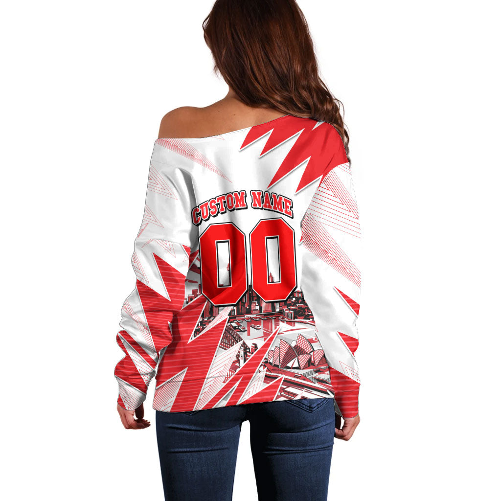 Personalised Sydney Swans Fan Pride Off Shoulder Sweater Fierce Swan Mascot Graphic Art With Sydney City Skyline