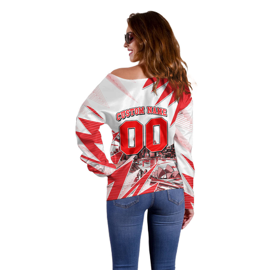 Personalised Sydney Swans Fan Pride Off Shoulder Sweater Fierce Swan Mascot Graphic Art With Sydney City Skyline