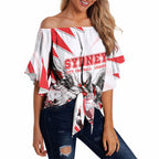 Personalised Sydney Swans Fan Pride Off Shoulder Wrap Waist Top Fierce Swan Mascot Graphic Art With Sydney City Skyline