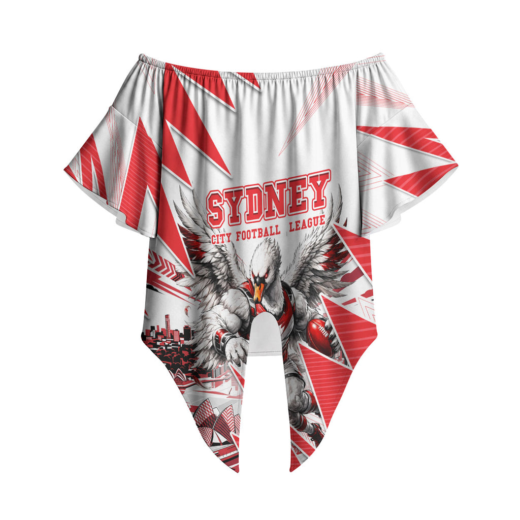 Personalised Sydney Swans Fan Pride Off Shoulder Wrap Waist Top Fierce Swan Mascot Graphic Art With Sydney City Skyline