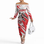 Personalised Sydney Swans Fan Pride Off The Shoulder Long Sleeve Dress Fierce Swan Mascot Graphic Art With Sydney City Skyline