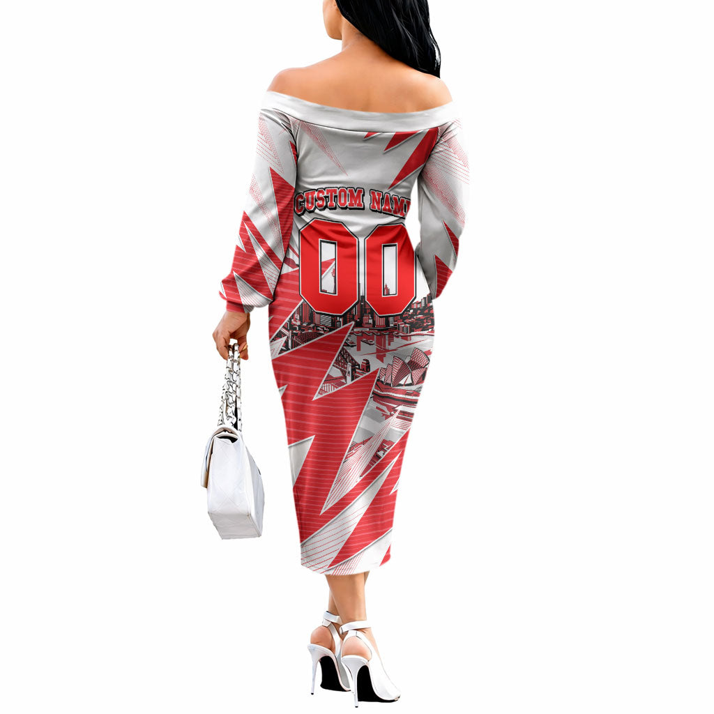 Personalised Sydney Swans Fan Pride Off The Shoulder Long Sleeve Dress Fierce Swan Mascot Graphic Art With Sydney City Skyline