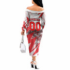 Personalised Sydney Swans Fan Pride Off The Shoulder Long Sleeve Dress Fierce Swan Mascot Graphic Art With Sydney City Skyline