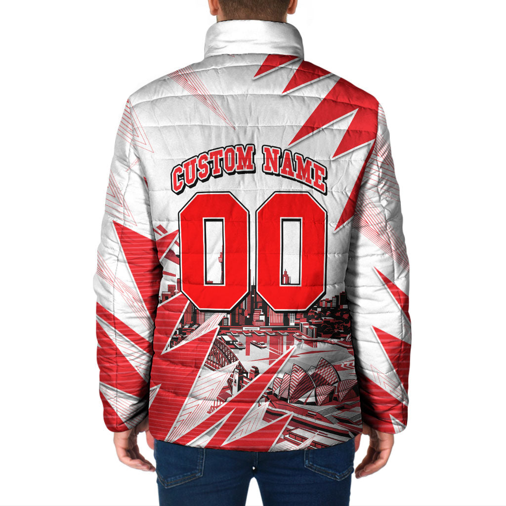 Personalised Sydney Swans Fan Pride Padded Jacket Fierce Swan Mascot Graphic Art With Sydney City Skyline