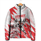 Personalised Sydney Swans Fan Pride Padded Jacket Fierce Swan Mascot Graphic Art With Sydney City Skyline