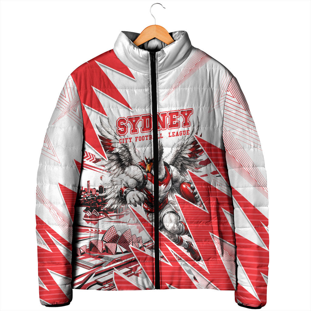 Personalised Sydney Swans Fan Pride Padded Jacket Fierce Swan Mascot Graphic Art With Sydney City Skyline